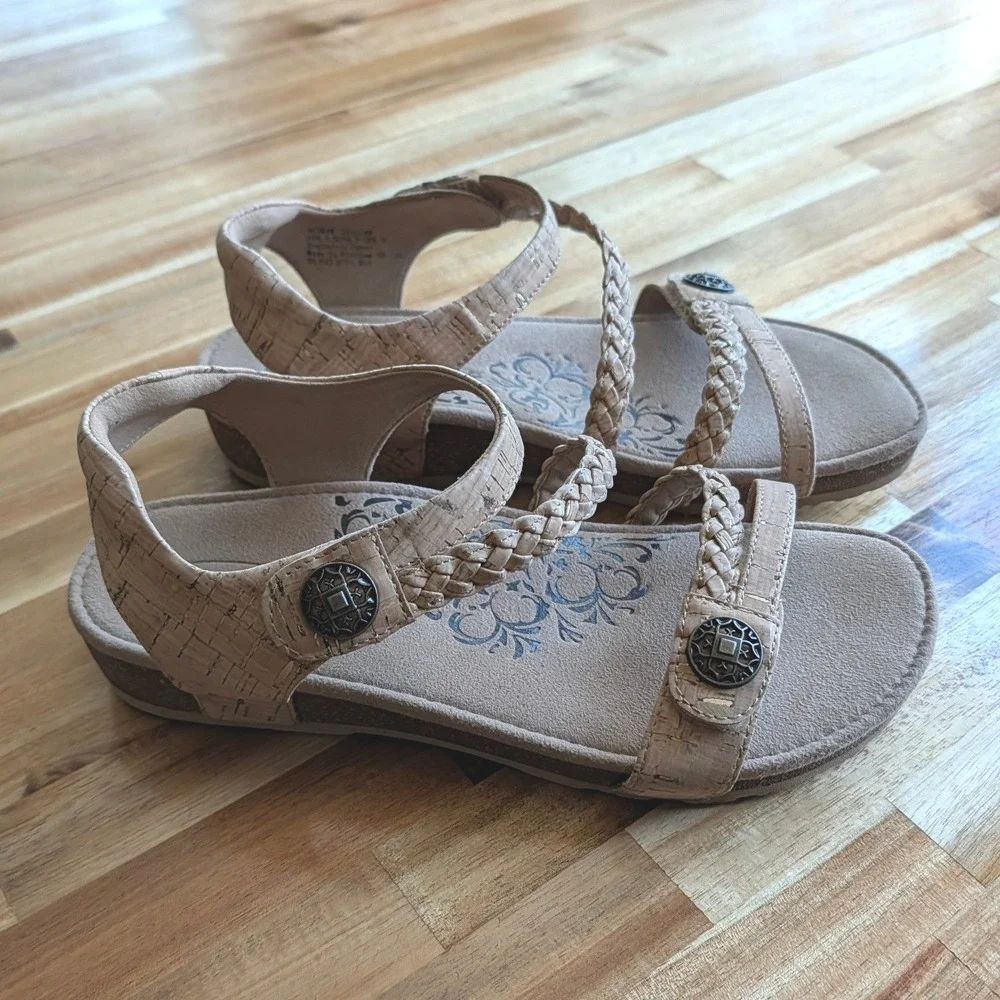 Aetrex Jillian Cork Wedge Sandals L Braided Straps Orthotic Comfort Size 8.5 NEW
